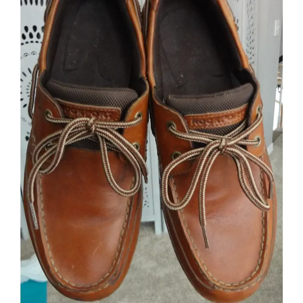 Vintage 90s Y2K Rockport Walkability Brown Leather Loafer Boat Mens 8.5 Moc Deck